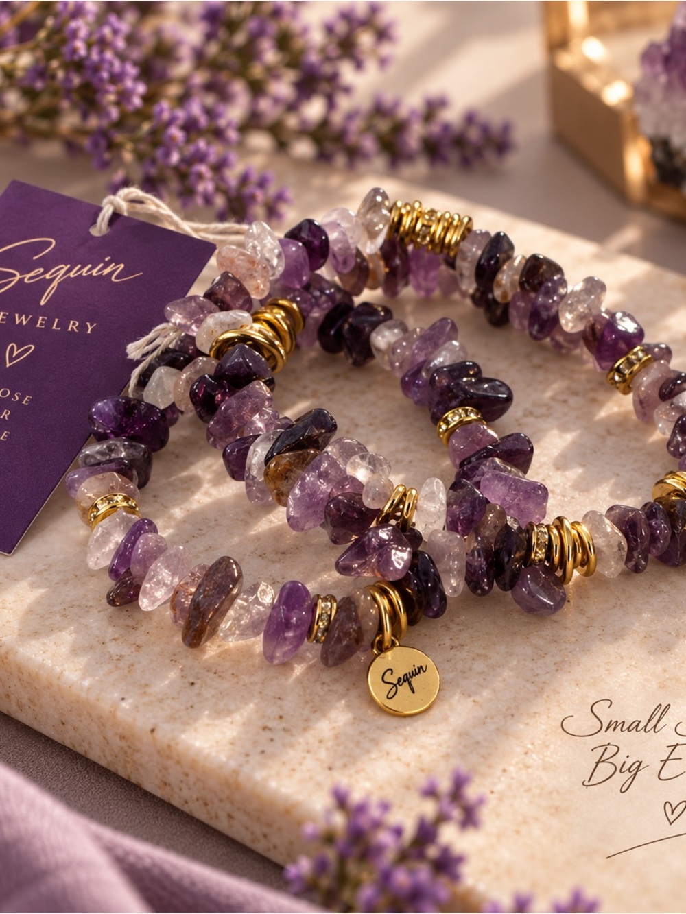 Purple Amethyst Chip Bracelet with Gold-Tone Accents